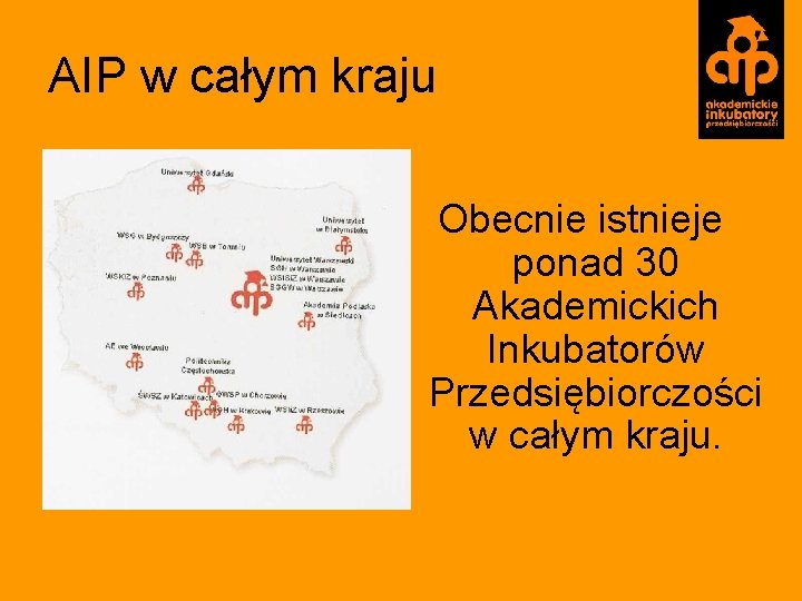 AIP w całym kraju Obecnie istnieje ponad 30 Akademickich Inkubatorów Przedsiębiorczości w całym kraju.