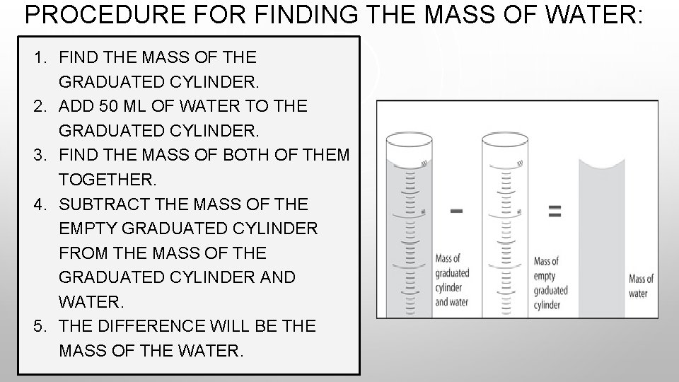 PROCEDURE FOR FINDING THE MASS OF WATER: 1. FIND THE MASS OF THE GRADUATED