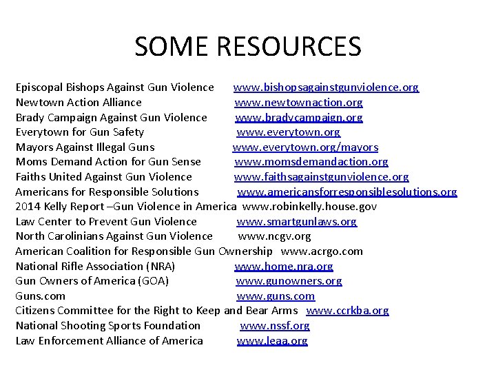 SOME RESOURCES Episcopal Bishops Against Gun Violence www. bishopsagainstgunviolence. org Newtown Action Alliance www.