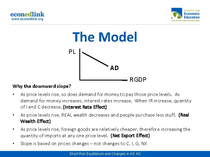 The Model PL AD RGDP Why the downward slope? • As price levels rise,