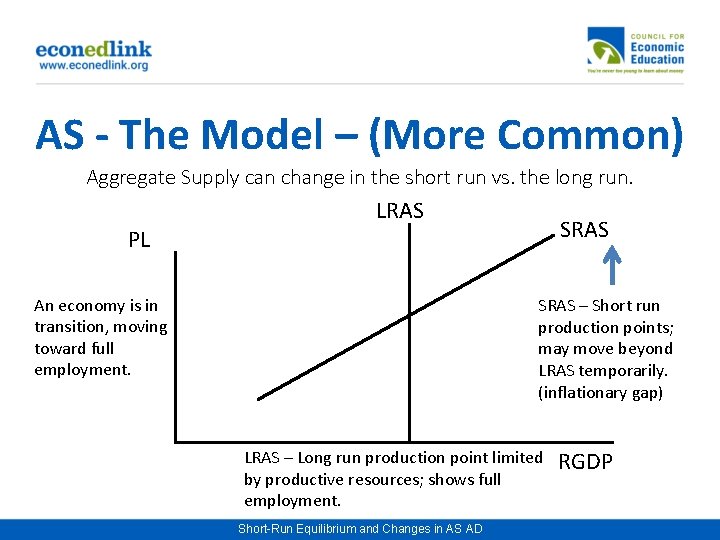 AS - The Model – (More Common) Aggregate Supply can change in the short