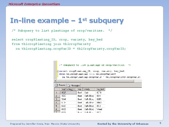 Microsoft Enterprise Consortium In-line example – 1 st subquery /* Subquery to list plantings