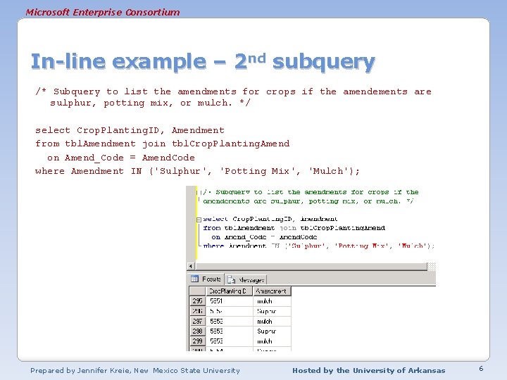 Microsoft Enterprise Consortium In-line example – 2 nd subquery /* Subquery to list the