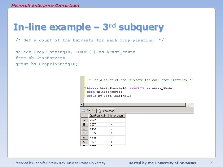 Microsoft Enterprise Consortium In-line example – 3 rd subquery /* Get a count of