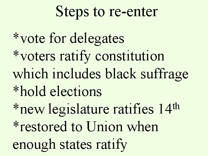 Steps to re-enter *vote for delegates *voters ratify constitution which includes black suffrage *hold