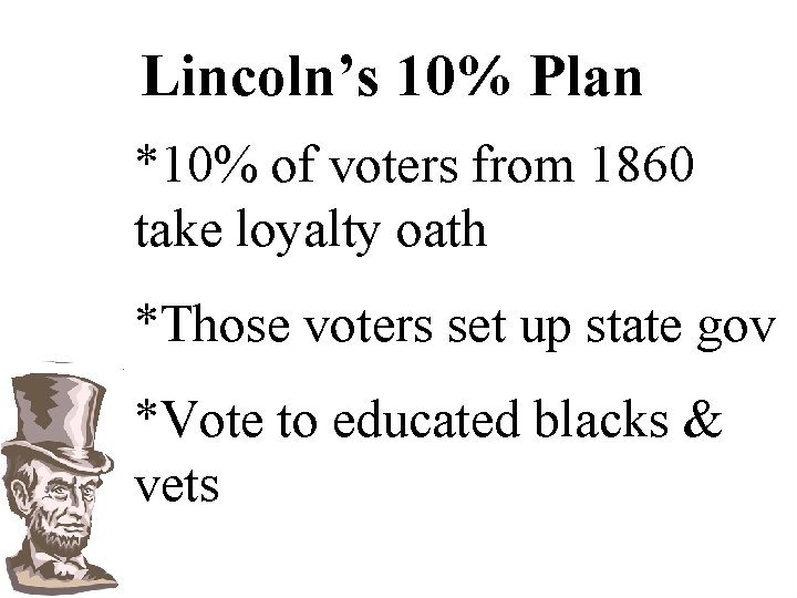 Lincoln’s 10% Plan *10% of voters from 1860 take loyalty oath *Those voters set