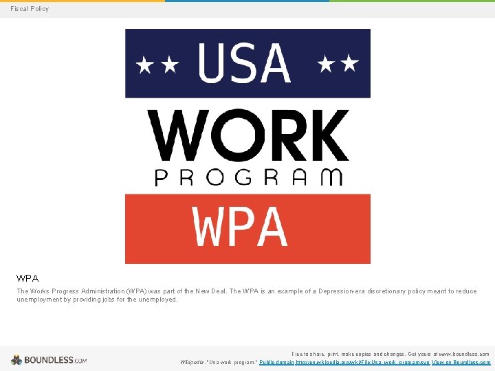 Fiscal Policy WPA The Works Progress Administration (WPA) was part of the New Deal.