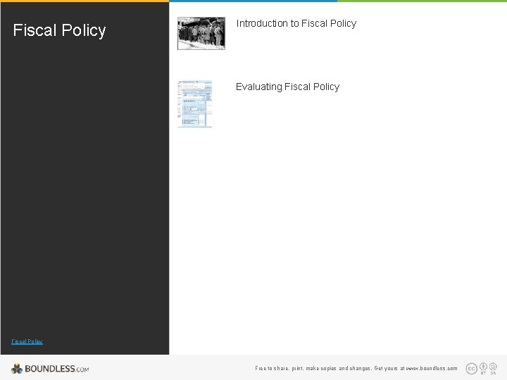 Fiscal Policy Introduction to Fiscal Policy Evaluating Fiscal Policy Free to share, print, make