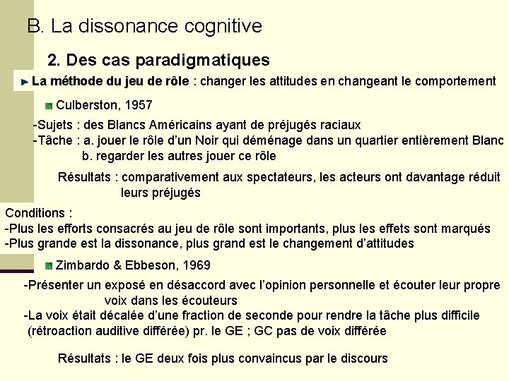 B. La dissonance cognitive 2. Des cas paradigmatiques La méthode du jeu de rôle