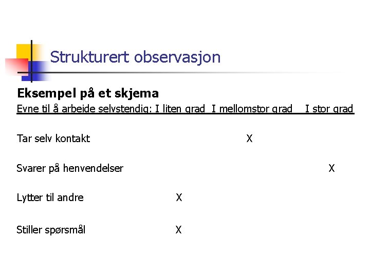 Strukturert observasjon Eksempel på et skjema Evne til å arbeide selvstendig: I liten grad