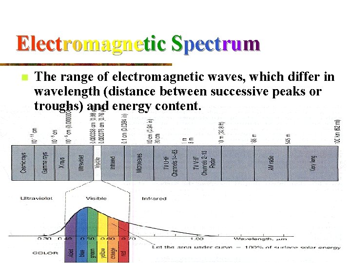 Electromagnetic Spectrum n The range of electromagnetic waves, which differ in wavelength (distance between