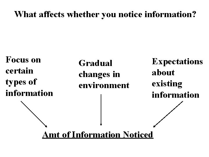 What affects whether you notice information? Focus on certain types of information Gradual changes