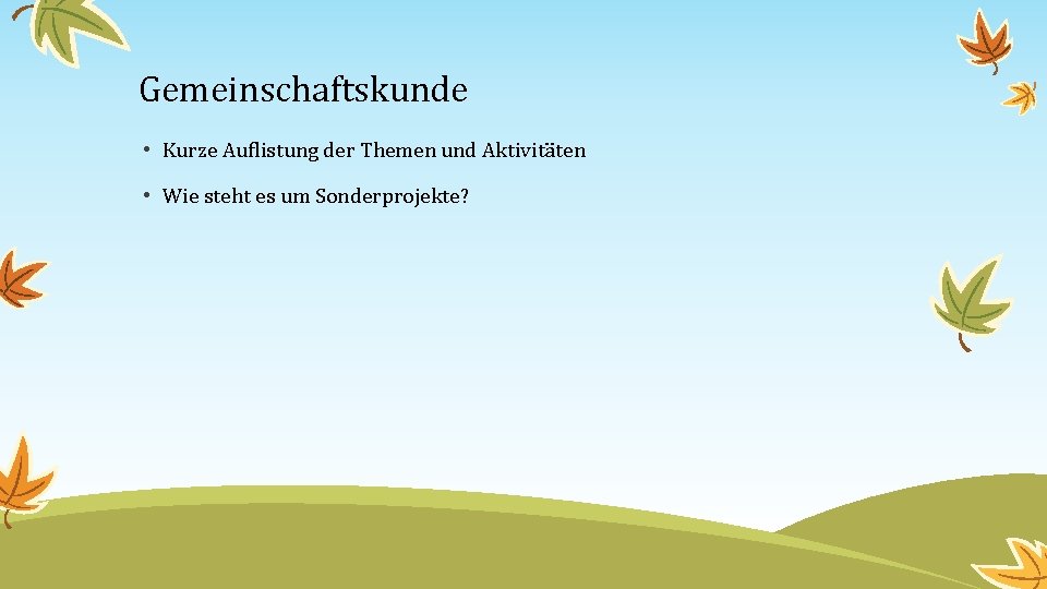 Gemeinschaftskunde • Kurze Auflistung der Themen und Aktivitäten • Wie steht es um Sonderprojekte?