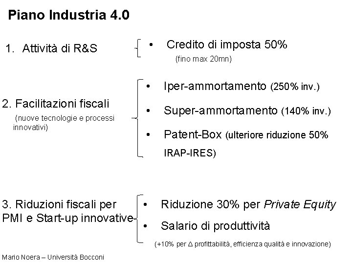 Piano Industria 4. 0 • 1. Attività di R&S 2. Facilitazioni fiscali (nuove tecnologie