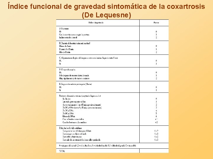 Índice funcional de gravedad sintomática de la coxartrosis (De Lequesne) 