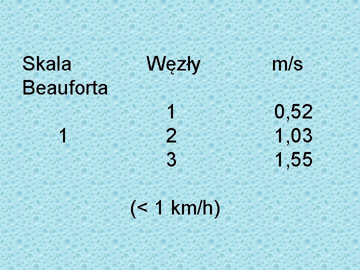 Skala Beauforta 1 Węzły 1 2 3 (< 1 km/h) m/s 0, 52 1,