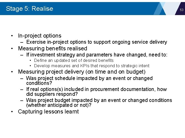 Stage 5: Realise • In-project options – Exercise in-project options to support ongoing service