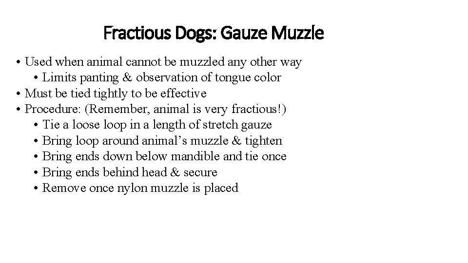 Fractious Dogs: Gauze Muzzle • Used when animal cannot be muzzled any other way
