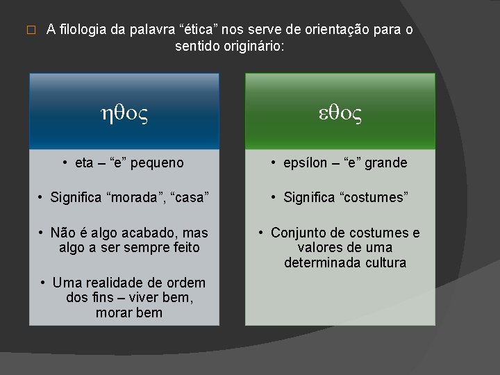 � A filologia da palavra “ética” nos serve de orientação para o sentido originário: