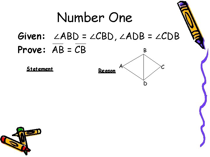 Number One Given: ∠ABD = ∠CBD, ∠ADB = ∠CDB B Prove: AB = CB