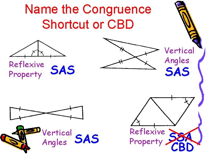 Name the Congruence Shortcut or CBD Reflexive Property SAS Vertical Angles SAS Reflexive Property