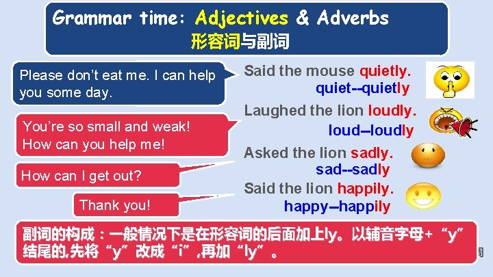 Grammar time: Adjectives & Adverbs Reading time 形容词与副词 Please don’t eat me. I can