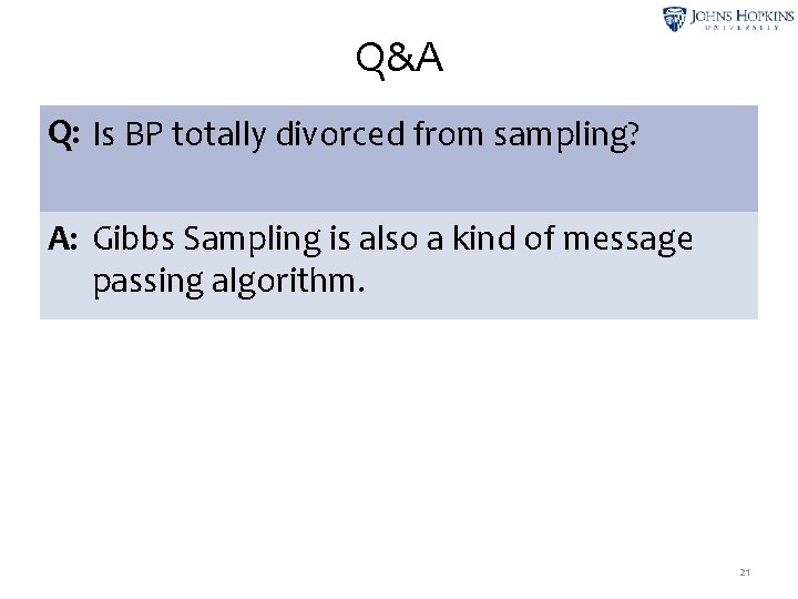 Q&A Q: Is BP totally divorced from sampling? A: Gibbs Sampling is also a