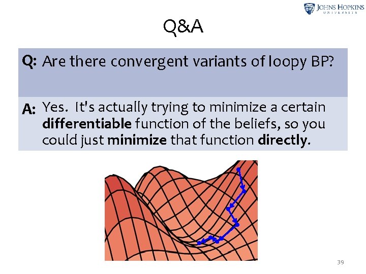 Q&A Q: Are there convergent variants of loopy BP? A: Yes. It's actually trying
