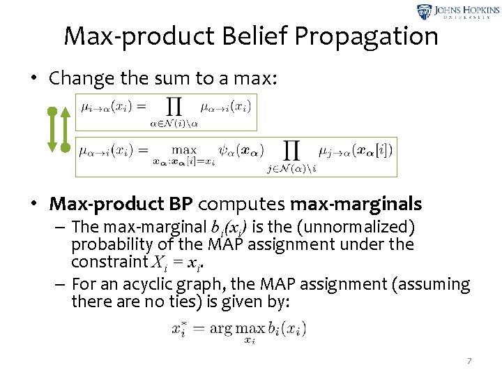 Max-product Belief Propagation • Change the sum to a max: • Max-product BP computes