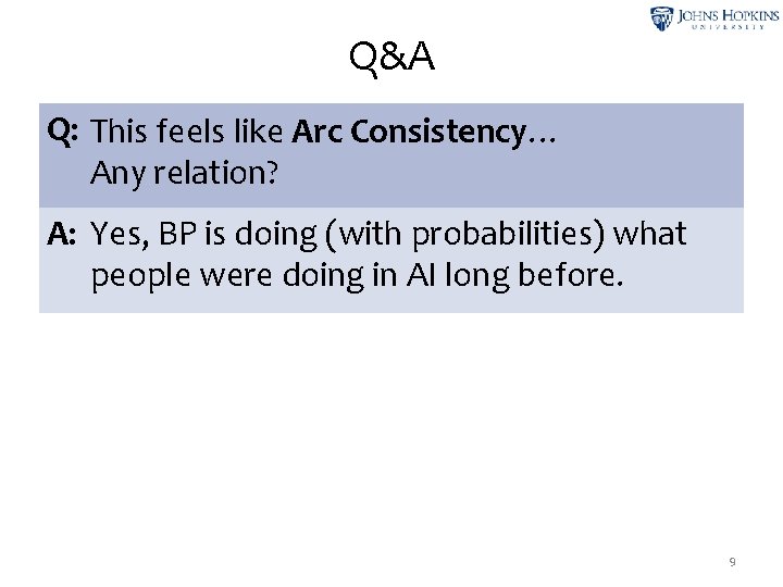 Q&A Q: This feels like Arc Consistency… Any relation? A: Yes, BP is doing
