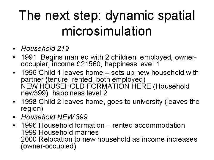 The next step: dynamic spatial microsimulation • Household 219 • 1991 Begins married with