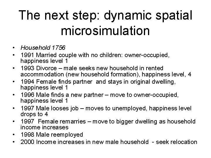 The next step: dynamic spatial microsimulation • Household 1756 • 1991 Married couple with
