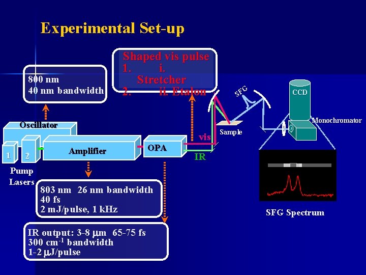 Experimental Set-up 800 nm 40 nm bandwidth Shaped vis pulse 1. i. Stretcher 2.