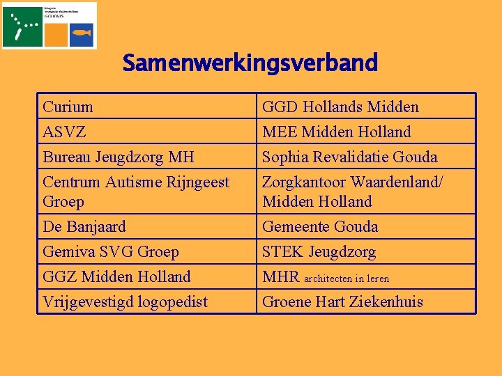 Samenwerkingsverband Curium ASVZ Bureau Jeugdzorg MH Centrum Autisme Rijngeest Groep GGD Hollands Midden MEE