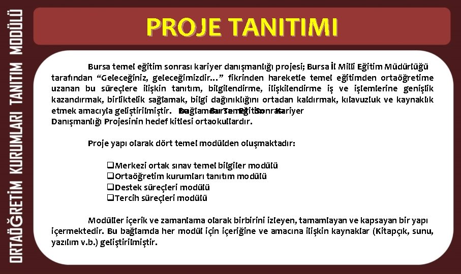 PROJE TANITIMI Bursa temel eğitim sonrası kariyer danışmanlığı projesi; Bursa İl Milli Eğitim Müdürlüğü