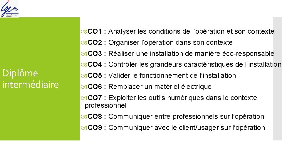 CO 1 : Analyser les conditions de l’opération et son contexte CO 2 CO 1 : Analyser les conditions de l’opération et son contexte CO 2