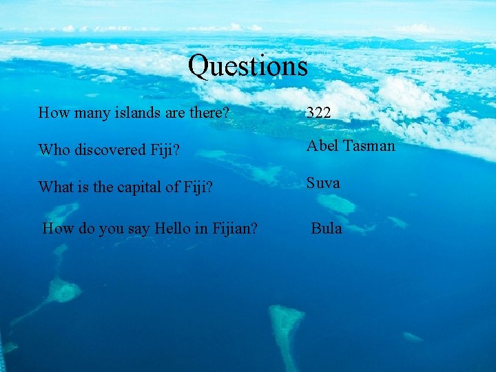 Questions How many islands are there? 322 Who discovered Fiji? Abel Tasman What is