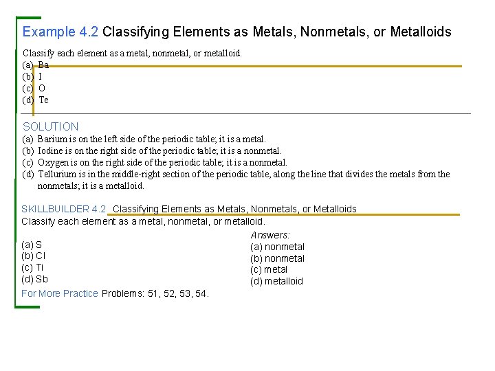 Example 4. 2 Classifying Elements as Metals, Nonmetals, or Metalloids Classify each element as