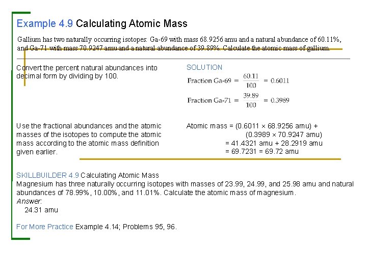 Example 4. 9 Calculating Atomic Mass Gallium has two naturally occurring isotopes: Ga-69 with