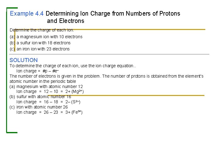 Example 4. 4 Determining Ion Charge from Numbers of Protons and Electrons Determine the