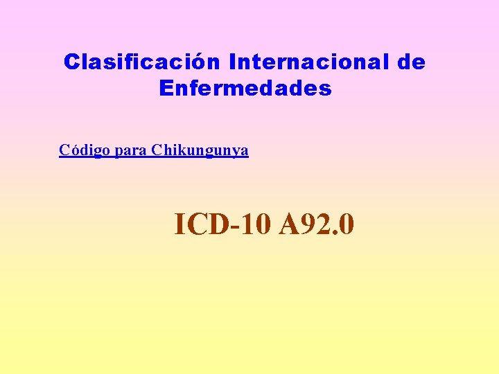 Clasificación Internacional de Enfermedades Código para Chikungunya ICD-10 A 92. 0 