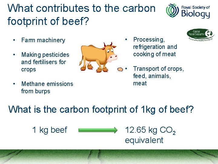 What contributes to the carbon footprint of beef? • Farm machinery • Making pesticides