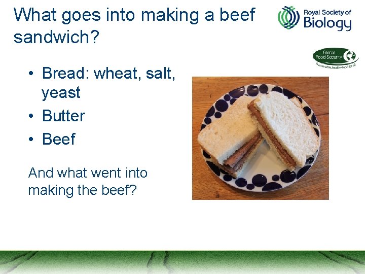 What goes into making a beef sandwich? • Bread: wheat, salt, yeast • Butter