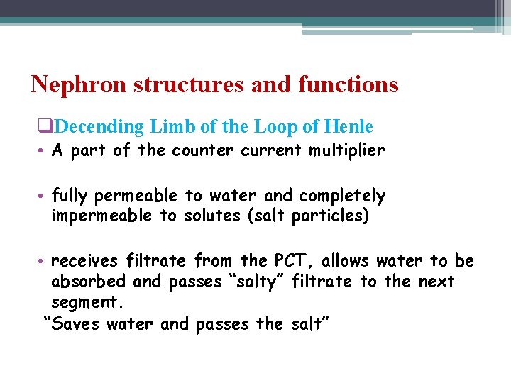 Nephron structures and functions q. Decending Limb of the Loop of Henle • A