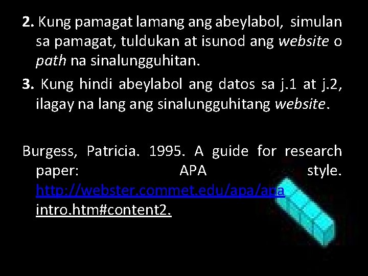 2. Kung pamagat lamang abeylabol, simulan sa pamagat, tuldukan at isunod ang website o