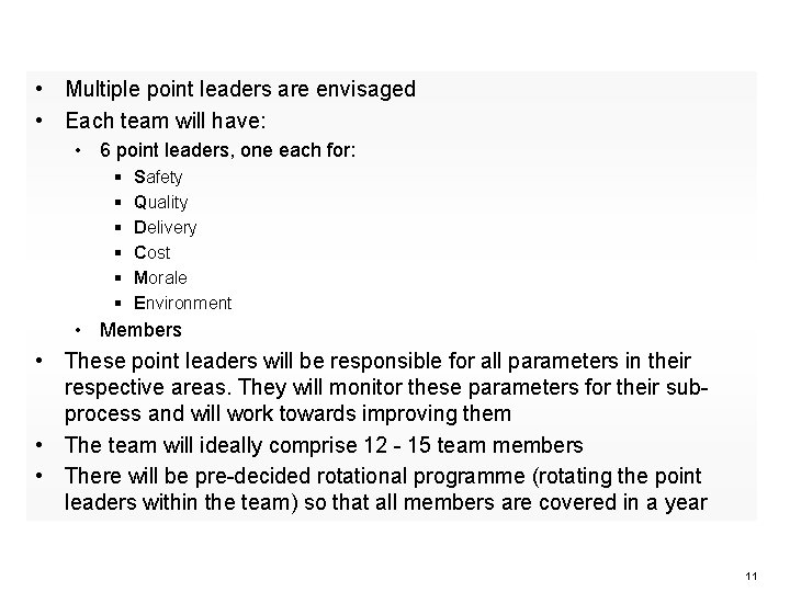 Point Leaders • Multiple point leaders are envisaged • Each team will have: •