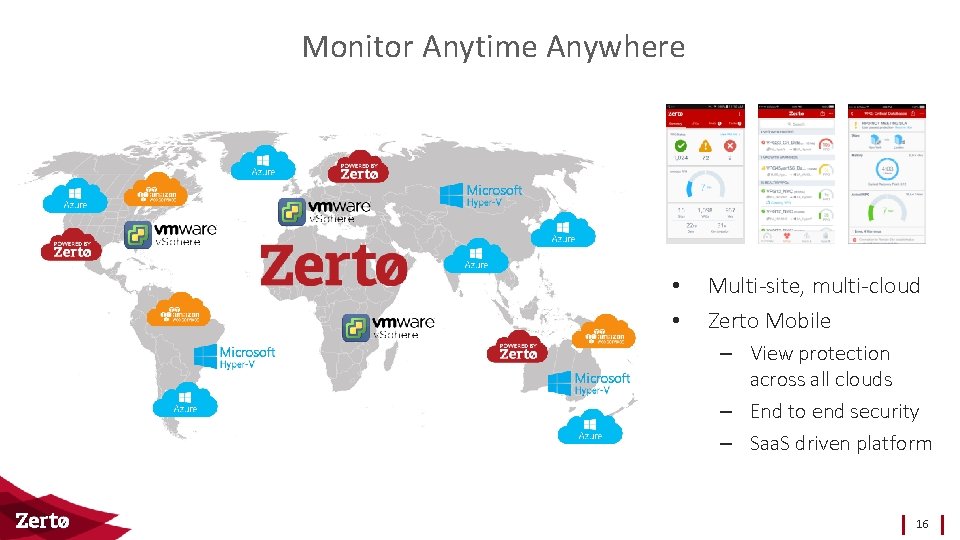 Monitor Anytime Anywhere • • Multi-site, multi-cloud Zerto Mobile – View protection across all