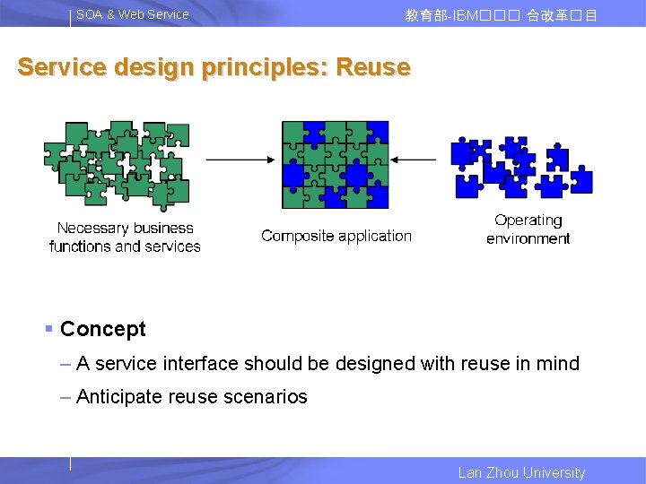 SOA & Web Service 教育部-IBM��� 合改革� 目 Service design principles: Reuse § Concept –