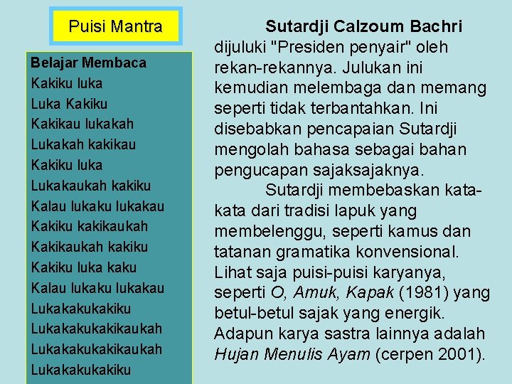 Puisi Mantra Belajar Membaca Kakiku luka Luka Kakiku Kakikau lukakah Lukakah kakikau Kakiku luka