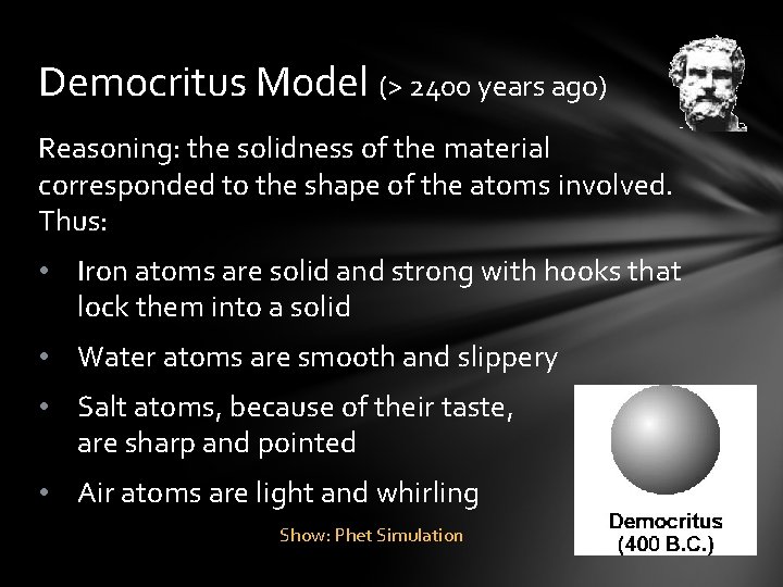 Democritus Model (> 2400 years ago) Reasoning: the solidness of the material corresponded to